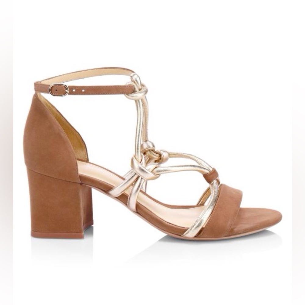 Alexandre Birman Macramé Rope Block Heel Sandals in Cobble Gold Size 39.